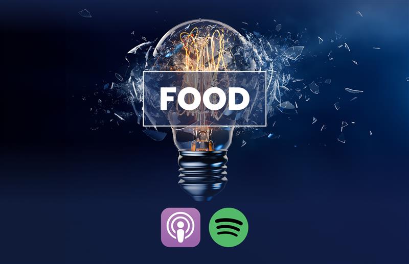 Broken light bulb graphic with FOOD across it, with Apple Podcasts and Spotify logos underneath