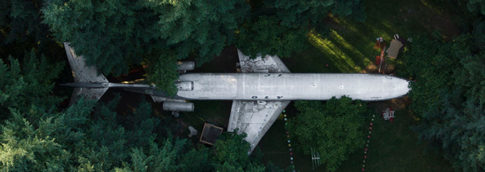Abandoned aircraft in a forest seen from above