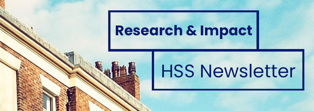 A view of rooftops with 'Research and Impact HSS Newsletter' written on it