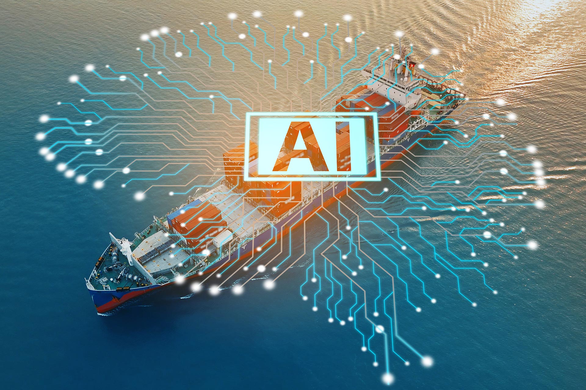 A cargo ship at sea with a graphic containing the word 