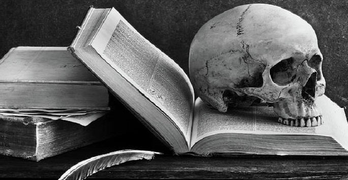 Image of a human skull and books
