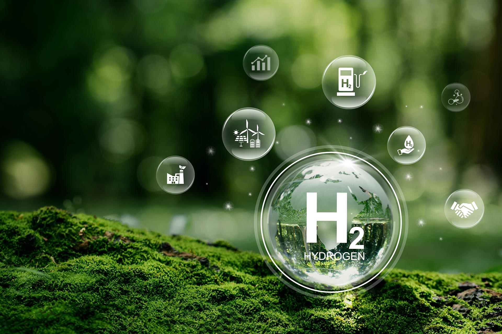 H2 hydrogen innovation graphic stock image. Globe Glass with H2 icons.