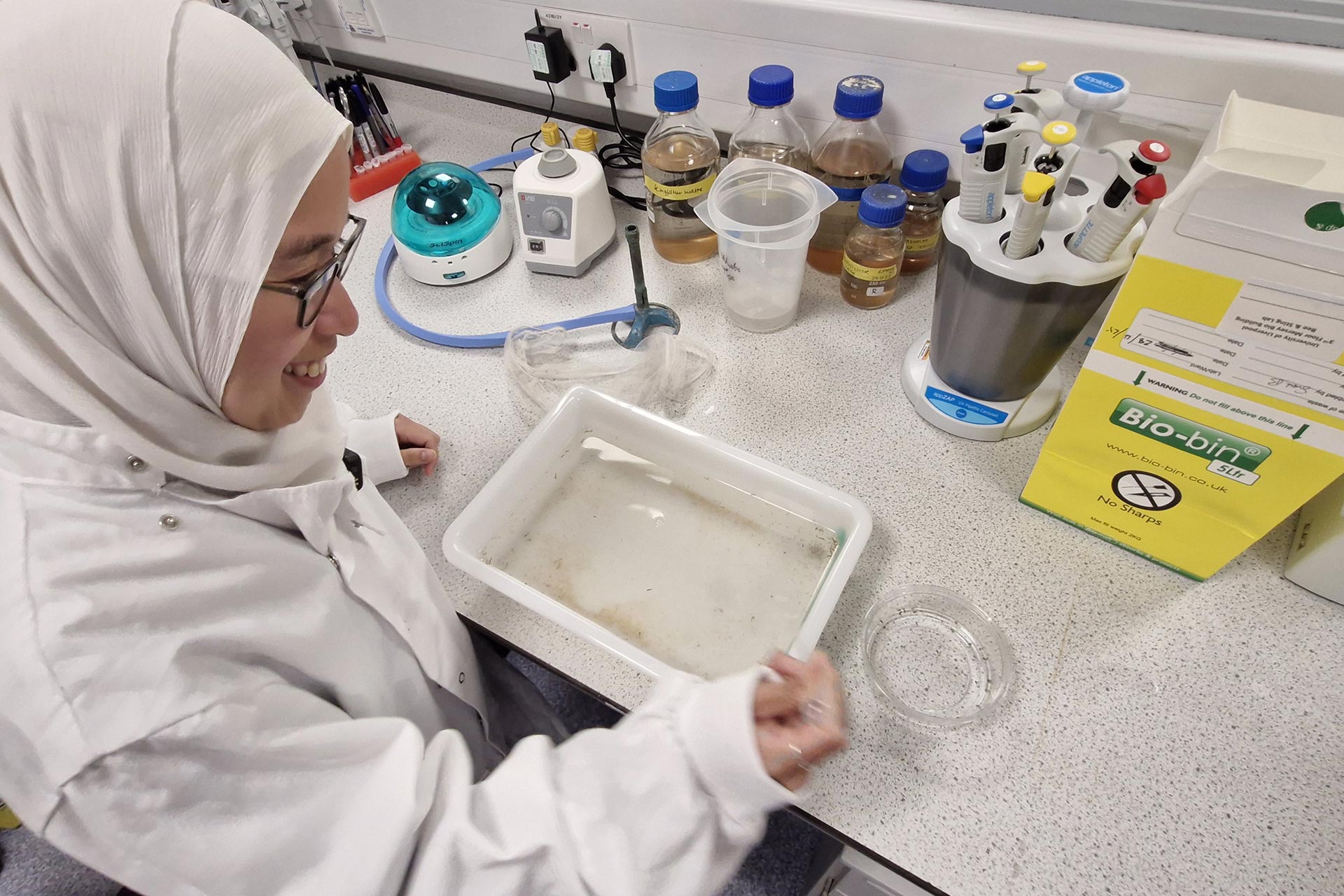 A researcher at the Pandemic Institute undertaking practical work in a lab setting