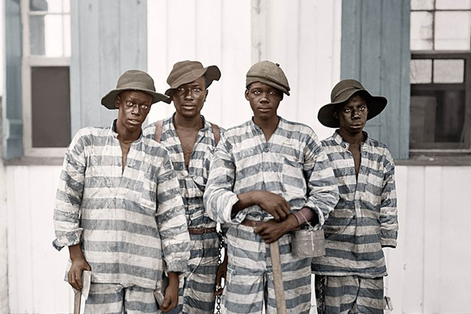 A colourised photo of an African-American Southern U.S. chain gang