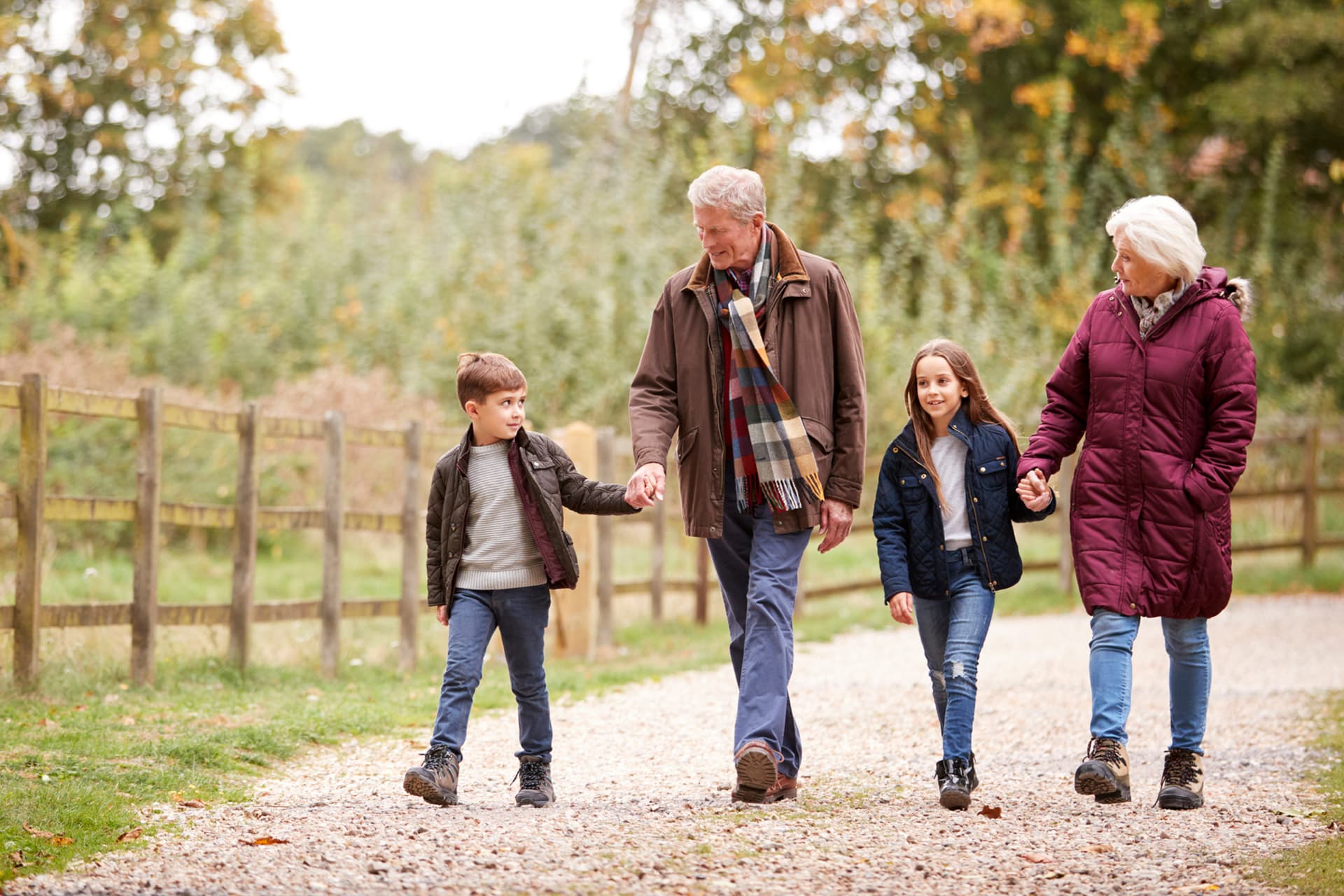 Grandparents walking with their two grandchildren in a park