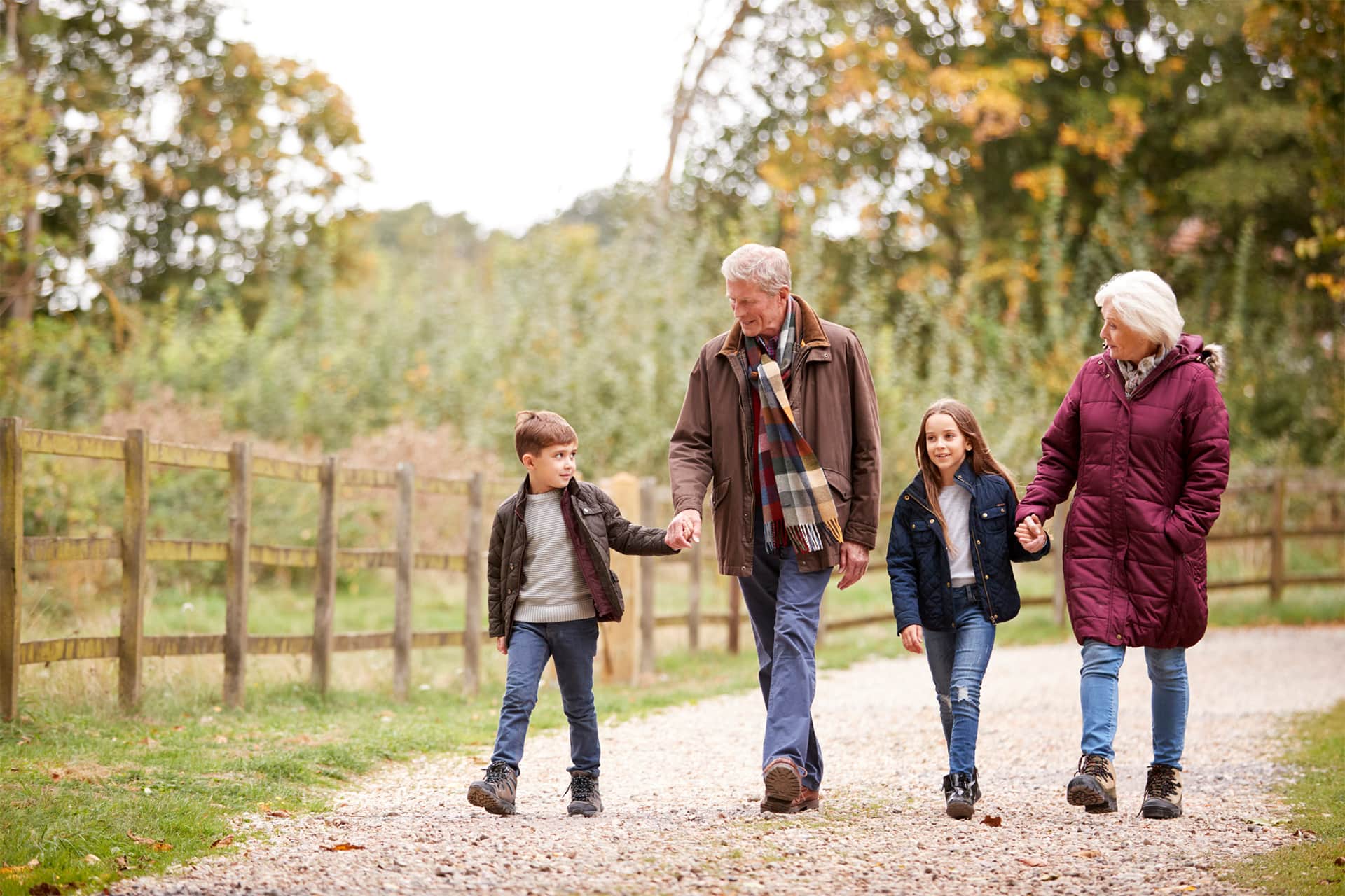 Grandparents walking with their two grandchildren in a park