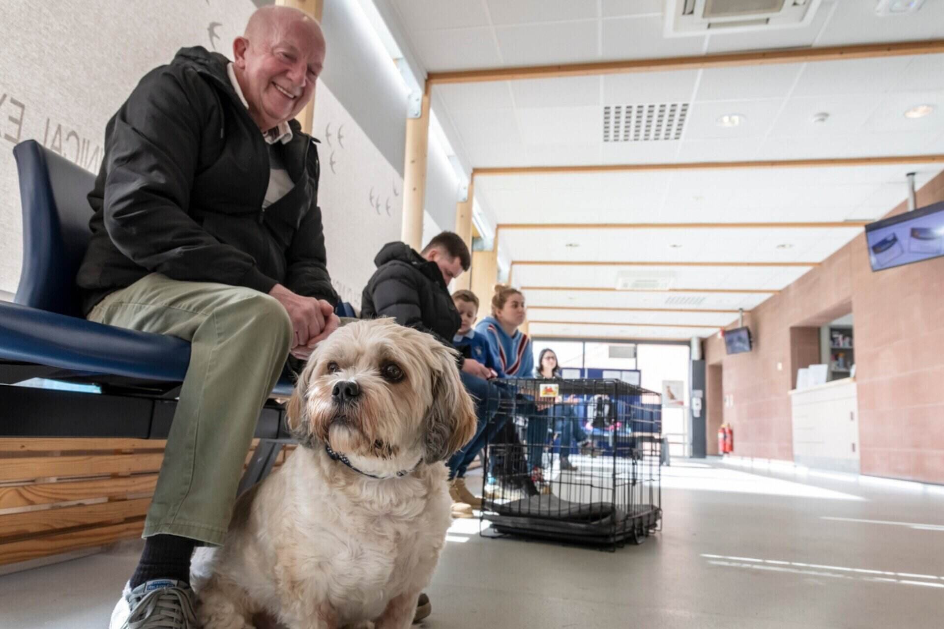 A queue of people waiting for their pets to be seen by a vet, with a dog in the foreground.