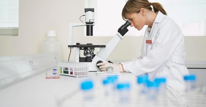 Female using microscope to look at sample in laboratory setting