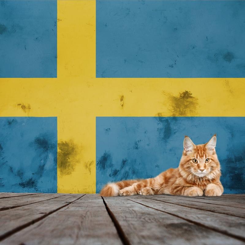 Ginger cat laying in front of Swedish flag