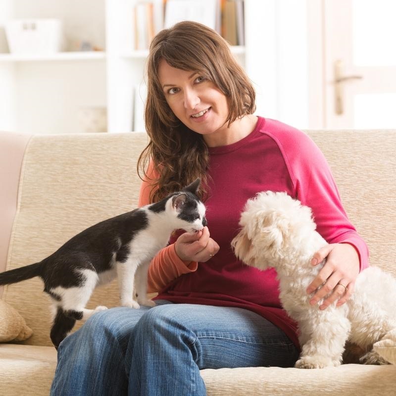 Woman wearing pink jumper sat on sofa with black and white cat and white dog