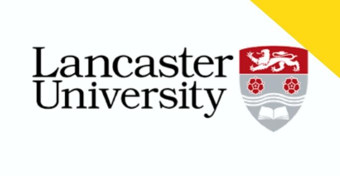 Red and white crest of arms with University of Lancaster text on a white background with a yellow triange in the top right corner