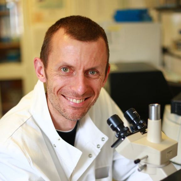 Male wearing lab coat sat at microscope smiling at the camera