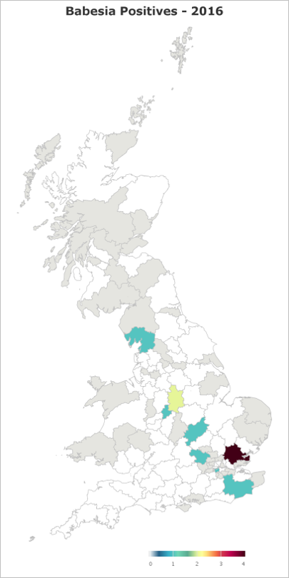 Map of England, Scotland and Wales with colour key to show areas where babesia noted