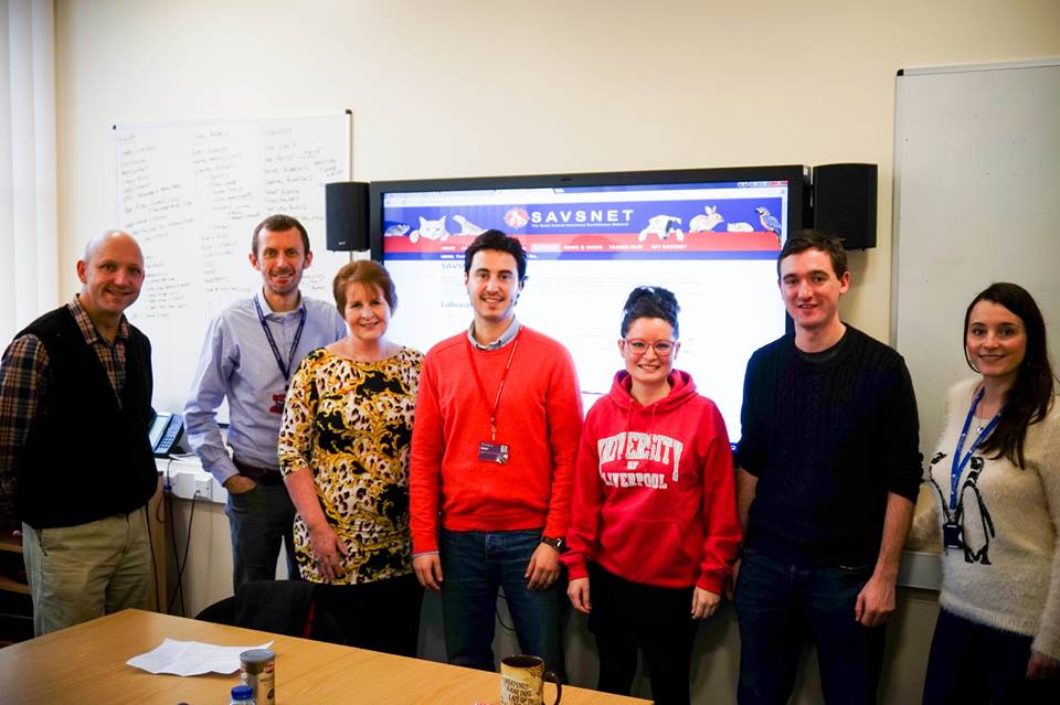 Mixed group of people standing together in front of large screen showing research presentation