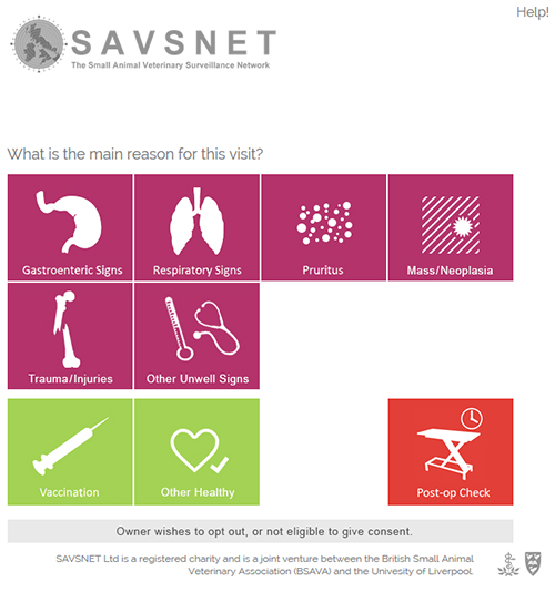 Screenshot of SAVSNET window, showing a range of buttons with different choices for the reason why a companion animal was taken for a veterinary consultation.