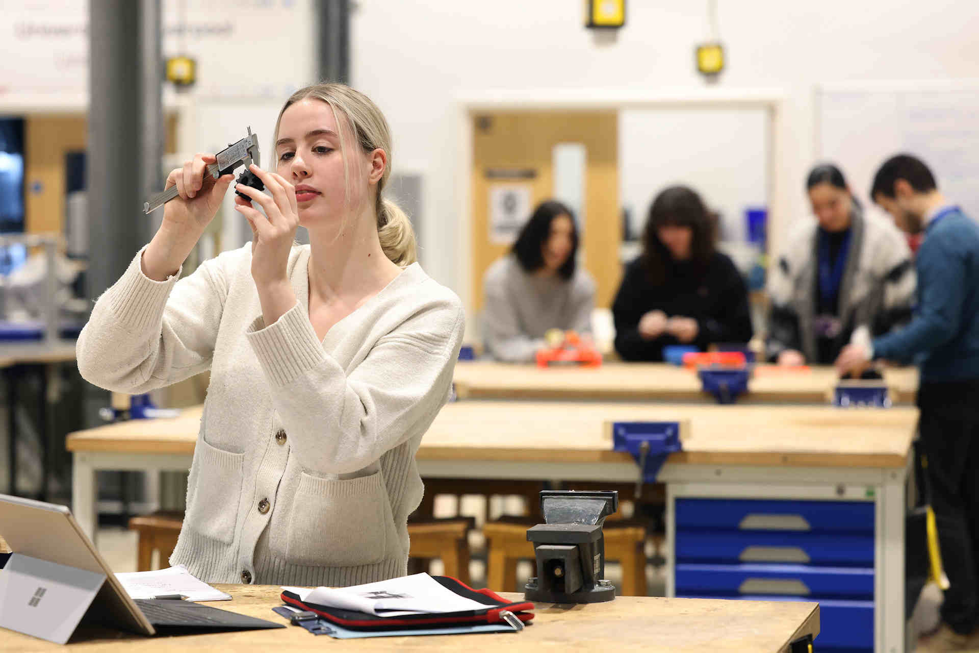 Student on workbench in Active Learning Labs