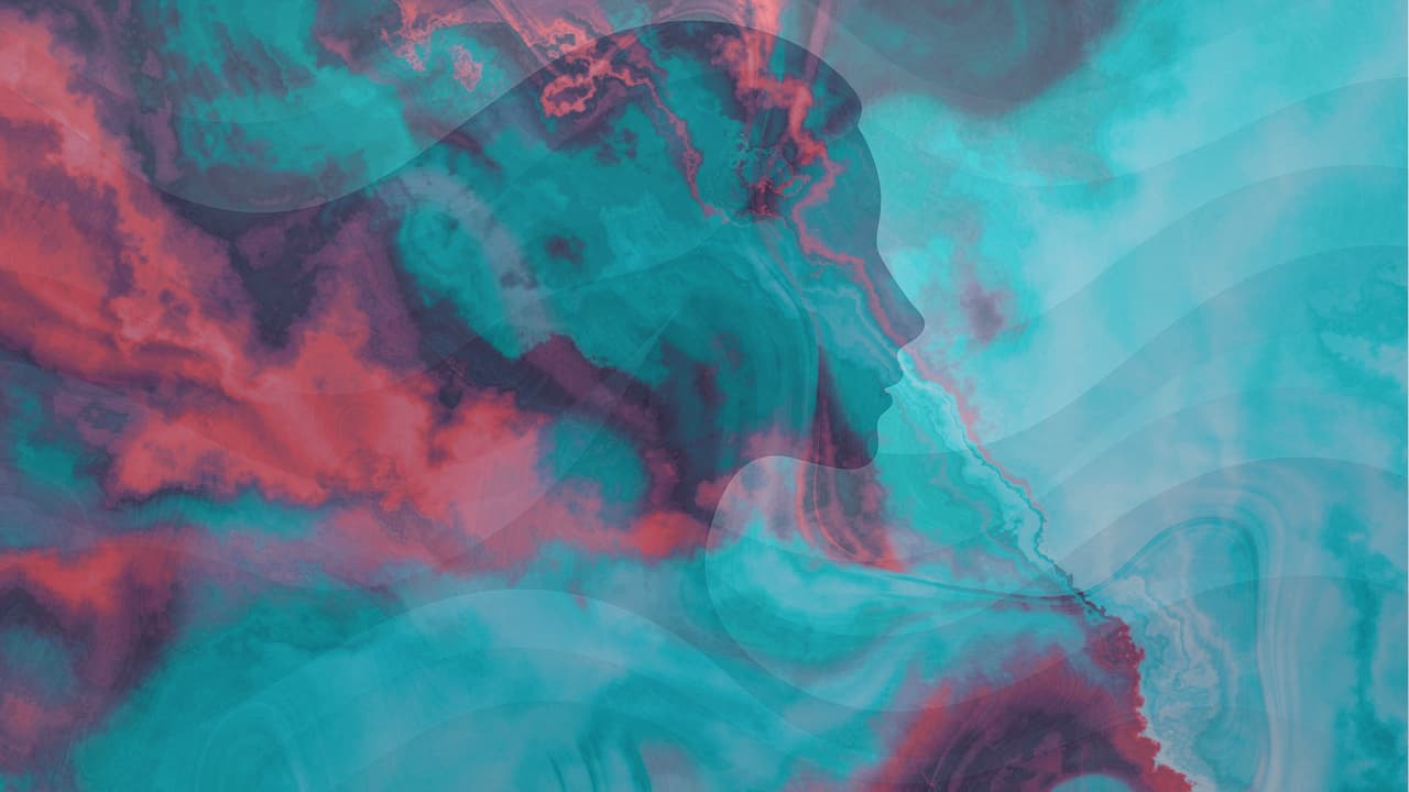 An abstract image showing a silhouette of a woman superimposed over a series of fluid-like colours