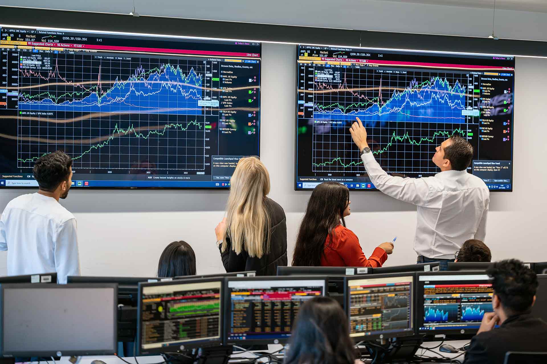 Students using the Bloomberg terminals and large screens
