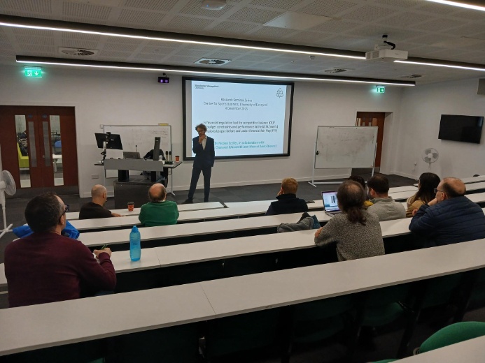 Dr Nicolas Scelles of Manchester Metropolitan University delivers his talk on the impact of Financial Fair Play on competitive balance, December 2025