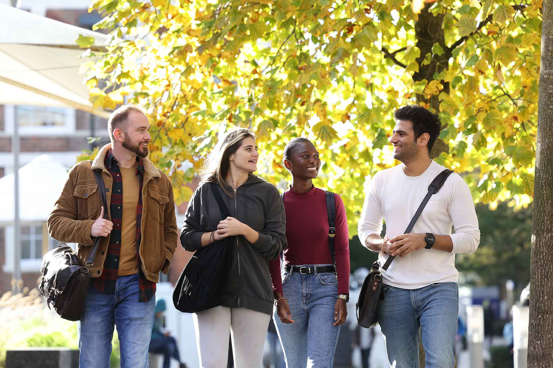 Postgraduate students walking through campus in the autumn