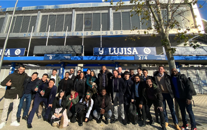 FIMBA students smiling outside of Getafe CF stadium