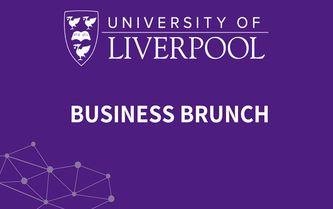 Image with purple background with University of Liverpool logo and Business Brunch written in white