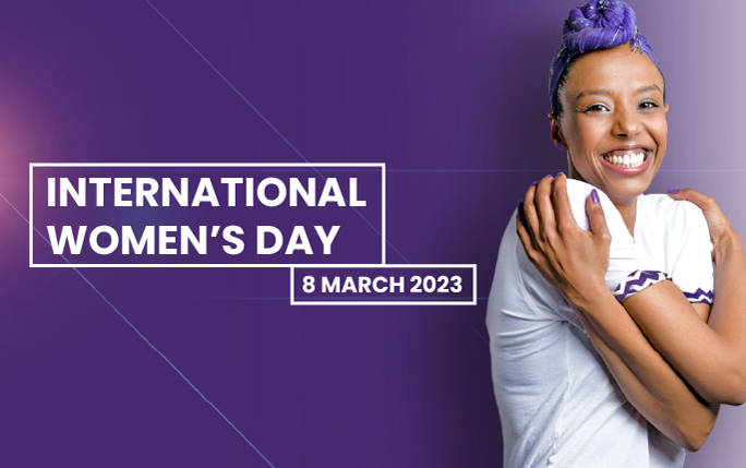 Image of a woman hugging herself with the words International Women's Day 8 March