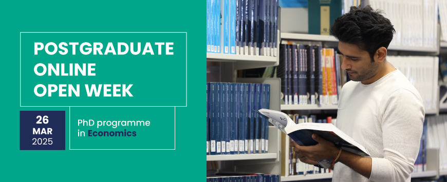 PhD Economics student reading a book in the library - Postgraduate Online Open Week webinars