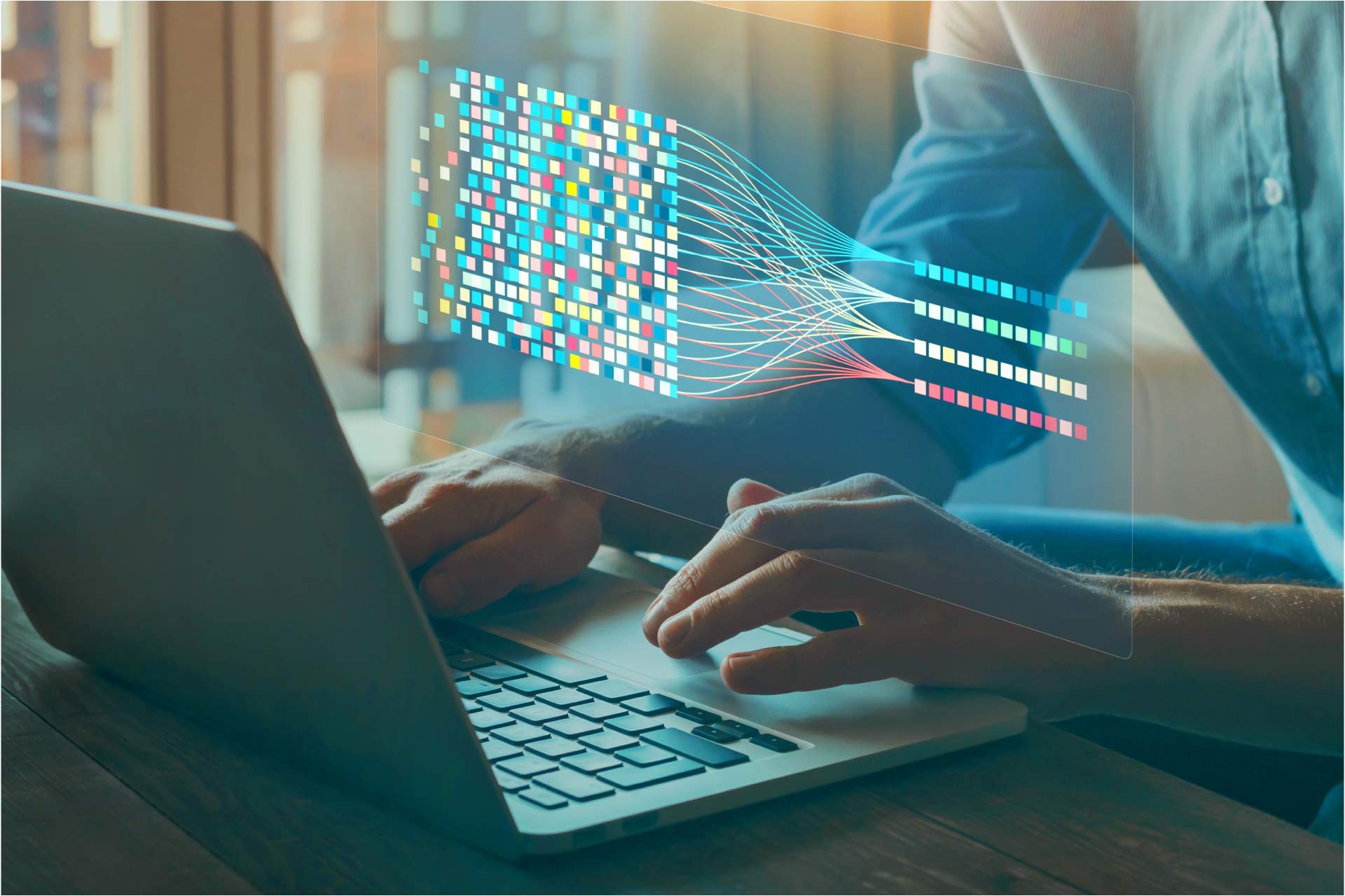 Person typing into a keyboard with digital display floating above