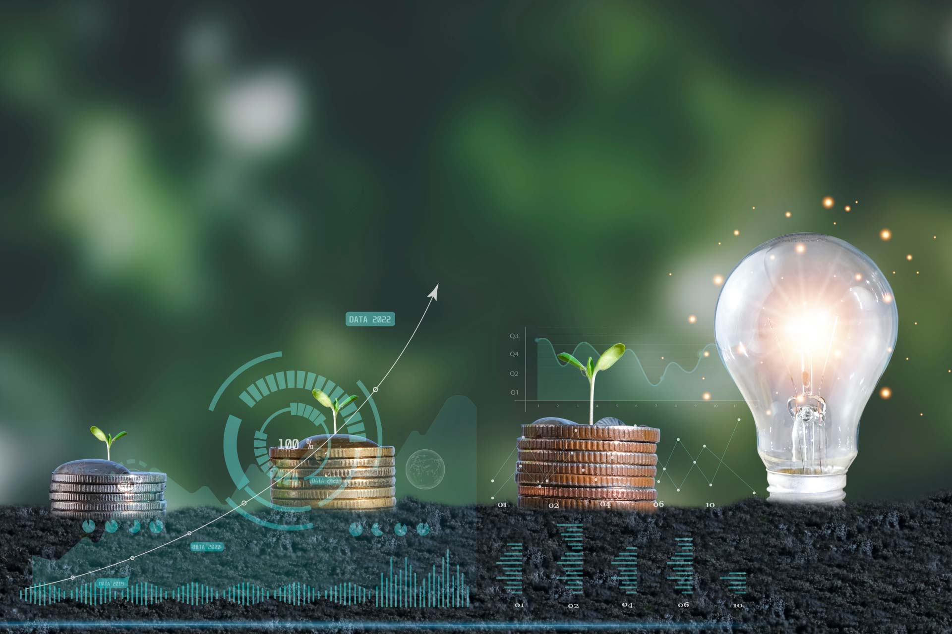 Concept image - Coins and lightbulb over soil and plants in the background to symbolise green finance.