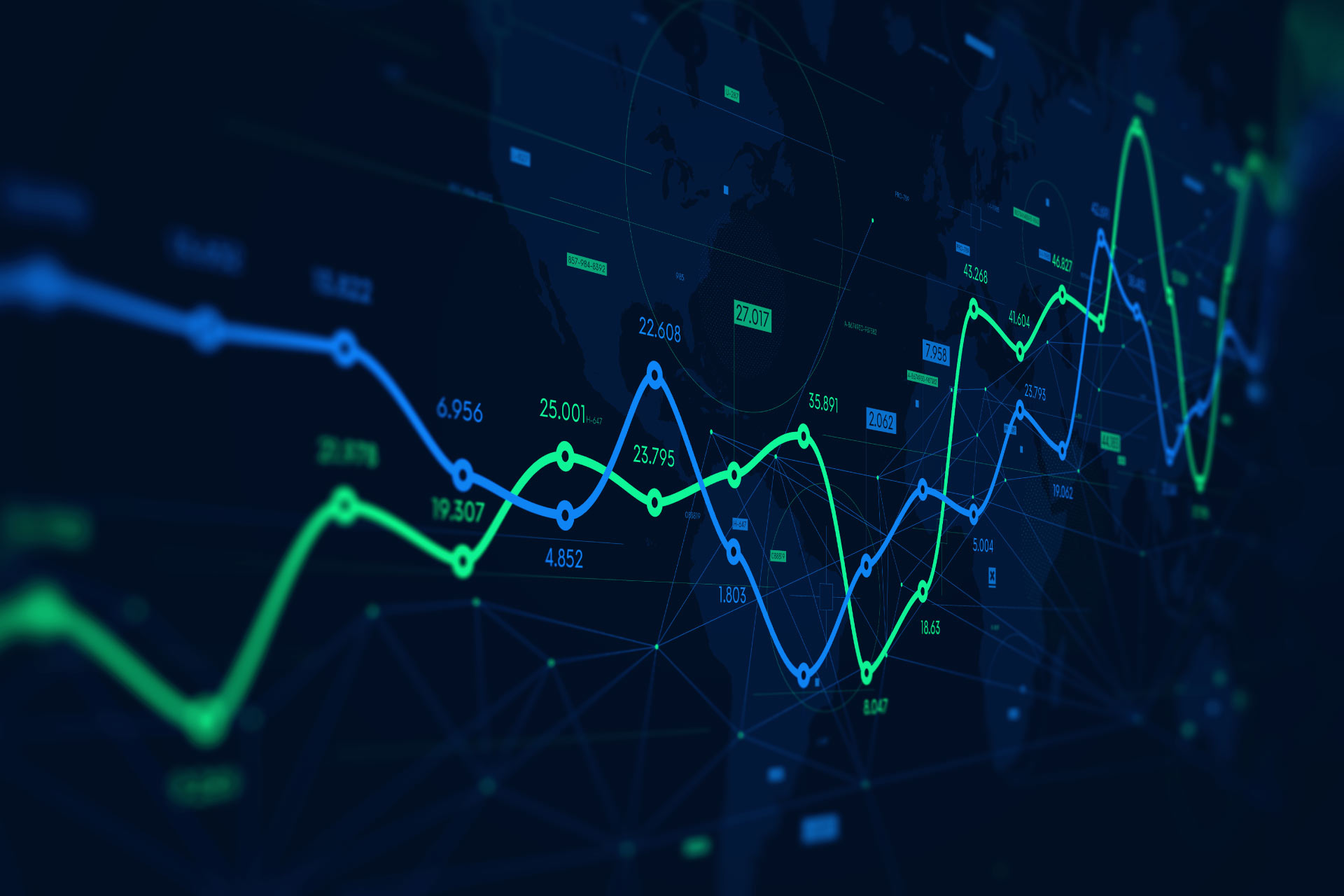 On-screen graph with blue and green curves and numerical values at different points