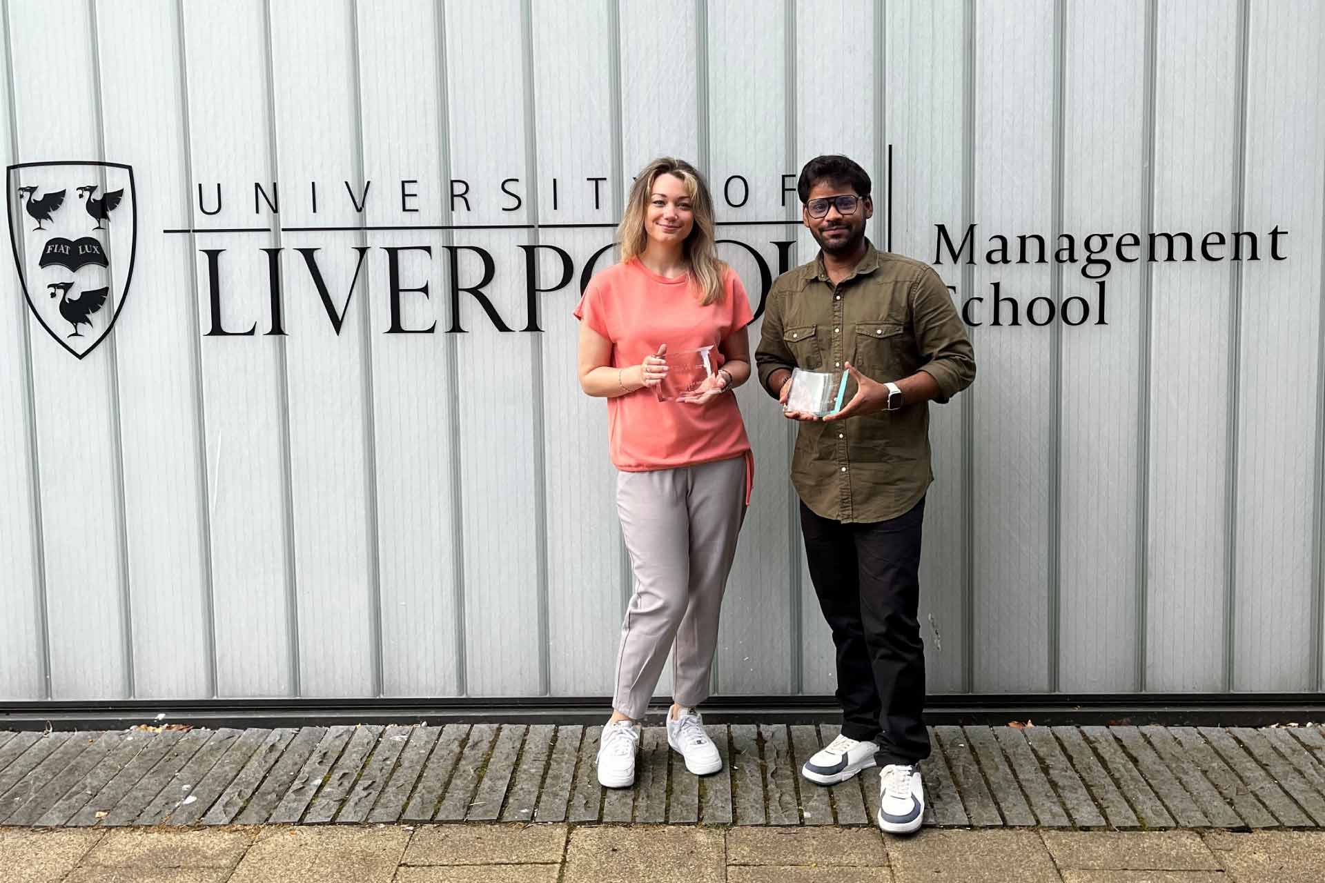 University of Liverpool Management School 2025 Fenwall Prize winners, Janina Hufsky and Ganapathy Muthuthandavam.