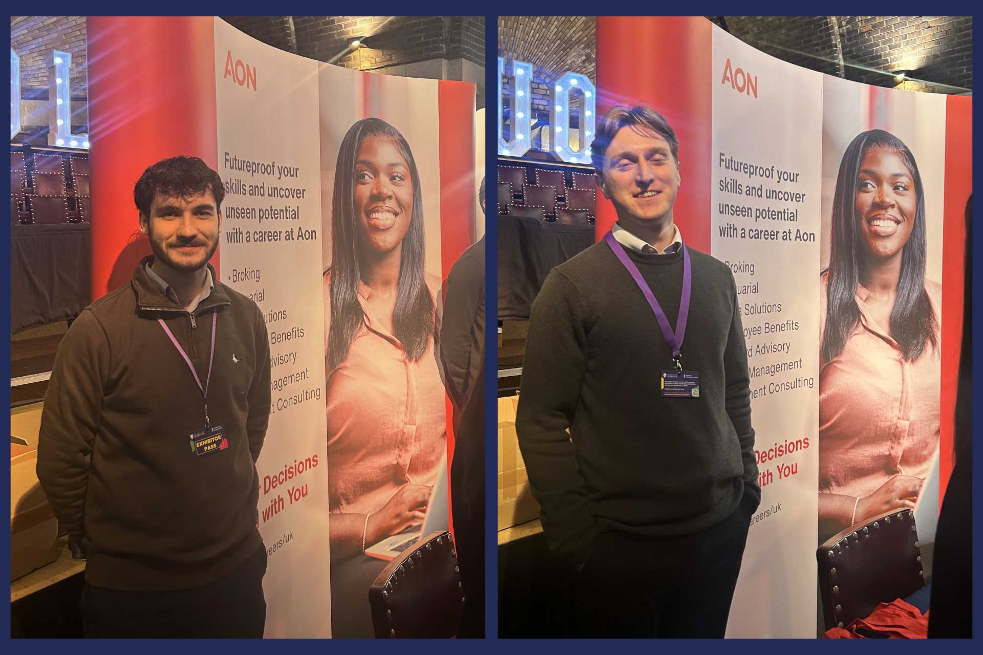 University of Liverpool Management School alumni Daniel McNair and Ryan McEgan meet students at the LivUni career fair 2025