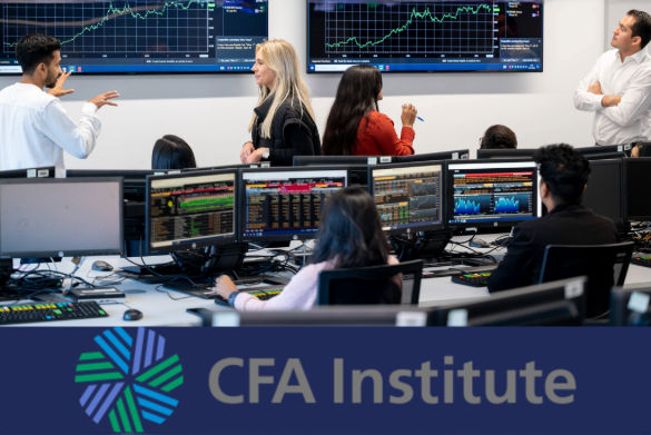 Students studying in the Bloomberg and logo of new programme accreditation