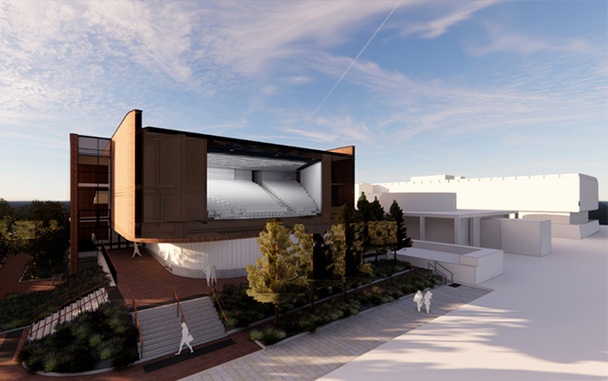 Architect visual of the Paul Brett Lecture Theatre pictured alongside the Brett Building