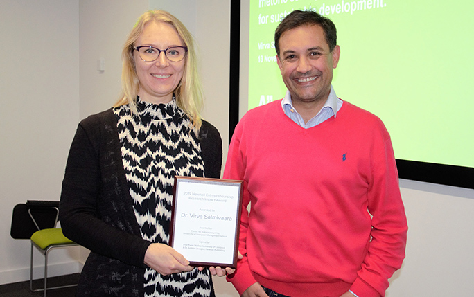 Dr. Virva Salmivaara, Winner of 2019 Newhall Entrepreneurship Research Impact Award, and Professor Pablo Munoz, Director Centre for Entrepreneurship