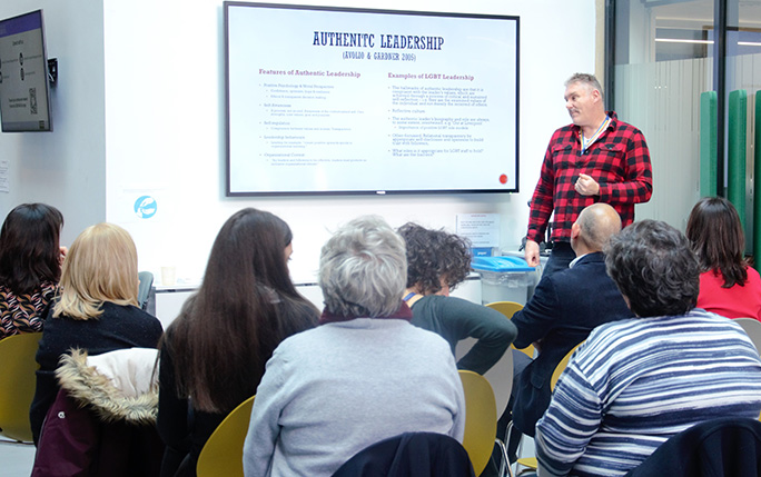 Dr Alan Greaves presenting the Authentic LGBT leadership seminar