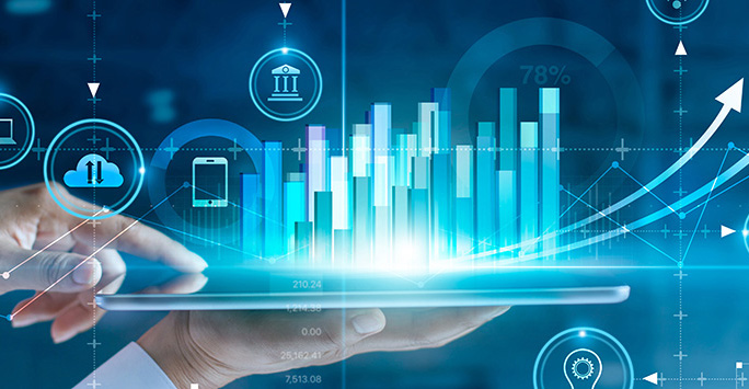 Computer graphic representing data coming from a tablet computer in a persons hand