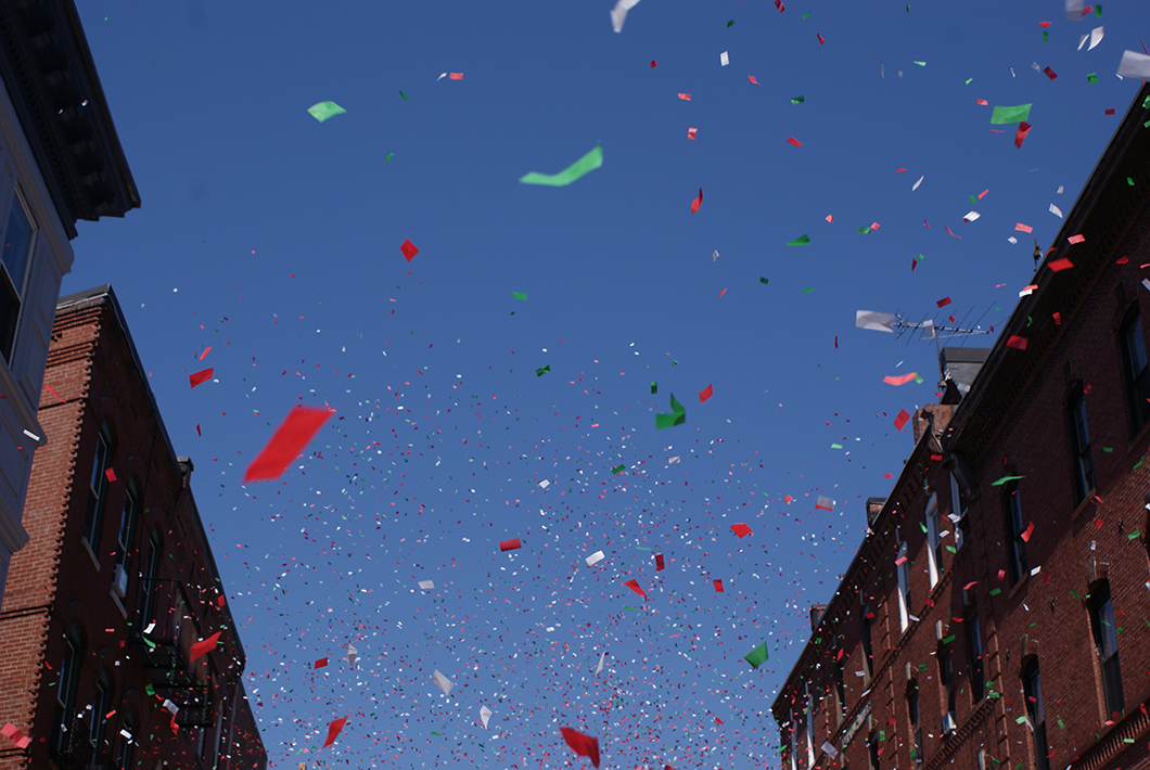 Confetti falling through the sky in celebration