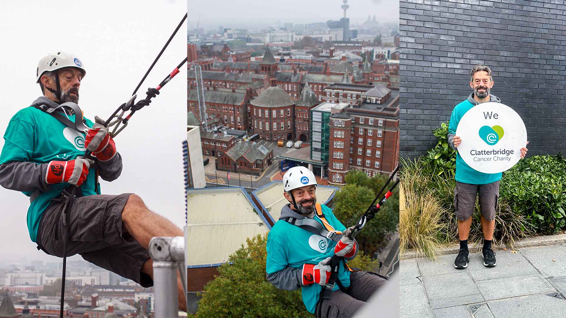 Justin Shanahan abseils down the side of a glass building. Below him is the street. In the second of 3 images, he poses with the Medical School behind him.