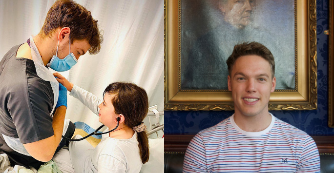 Student doctor with patient and smiling student