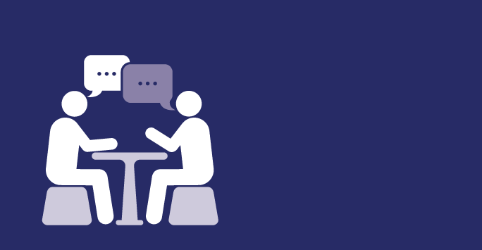 Graphic of two people speaking across a table