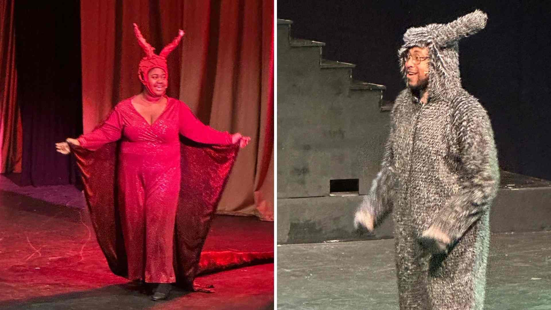 Side-by-side image of the Dragon in a red costume and Donkey in a fuzzy grey suit.