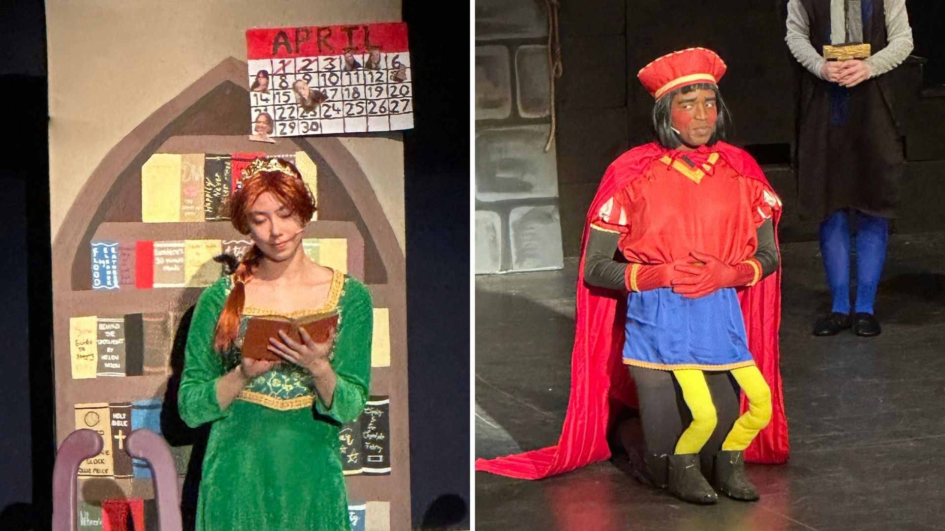 Princess Fiona reading a book and Lord Farquaad kneeling on stage in full costume.