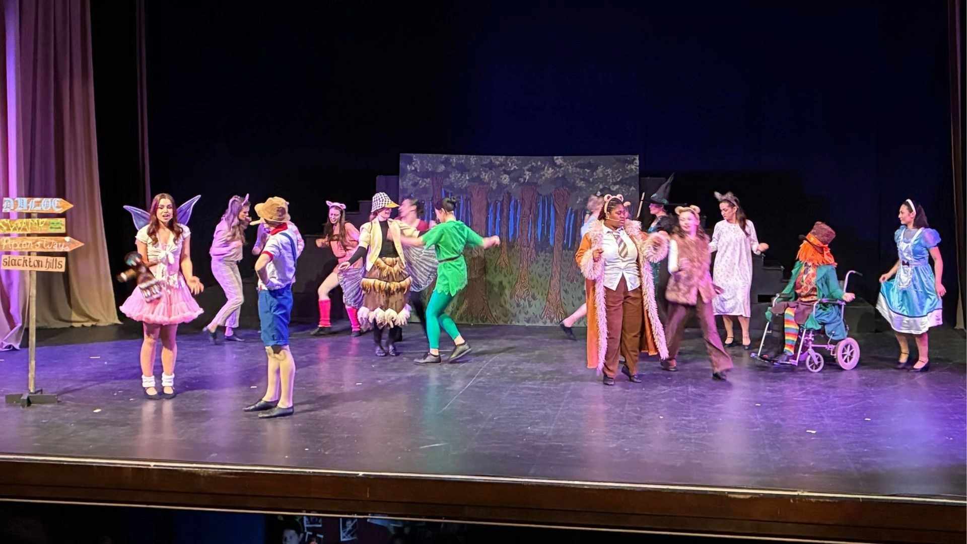 Shrek cast members in fairy tale costumes on stage