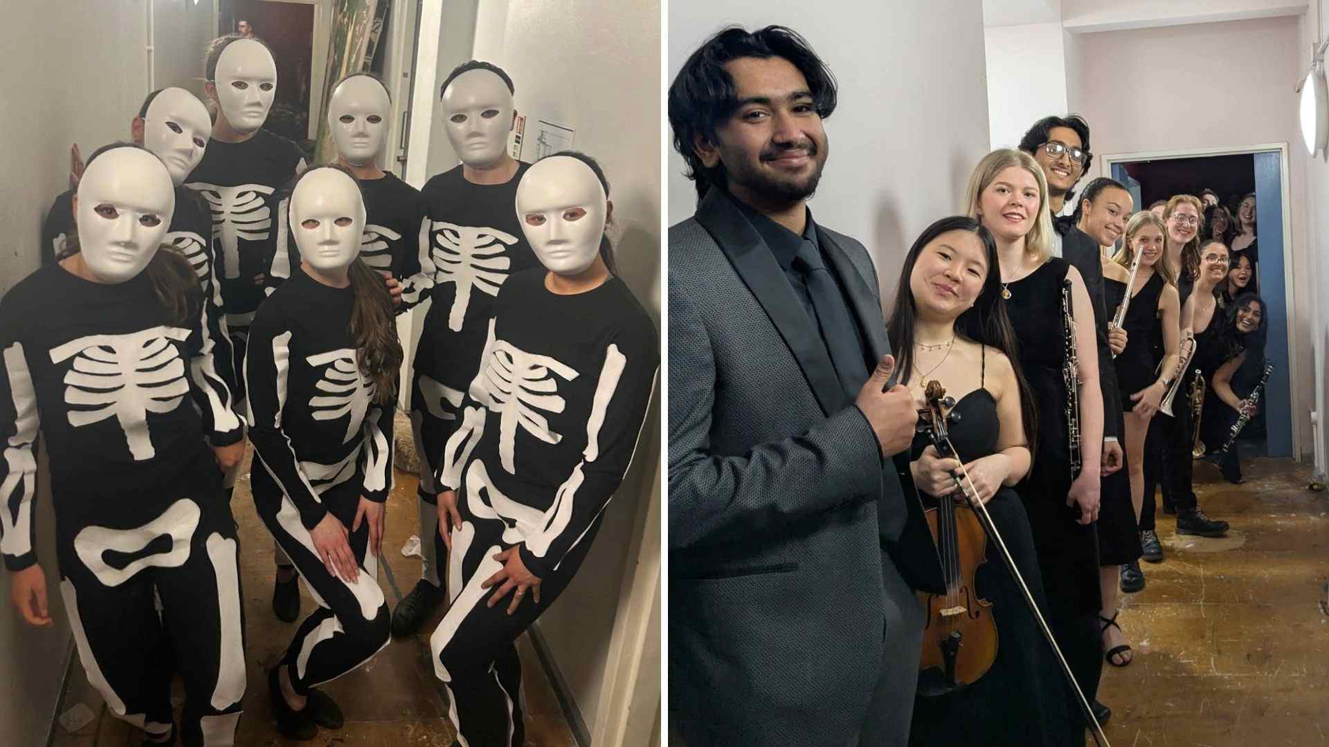 Backstage photos of dancers in skeleton costumes and musicians from the Artefacts band.