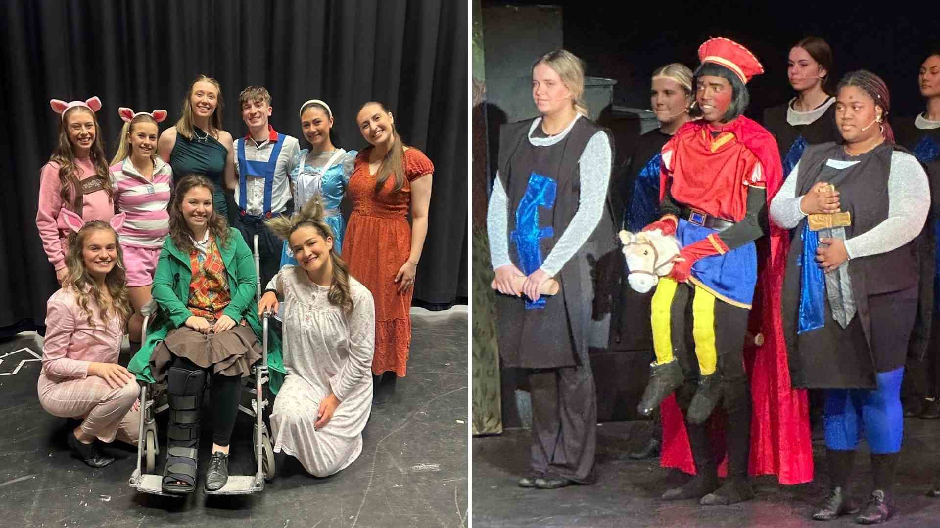 Group photo of the full cast in costume, smiling and posing together on stage.