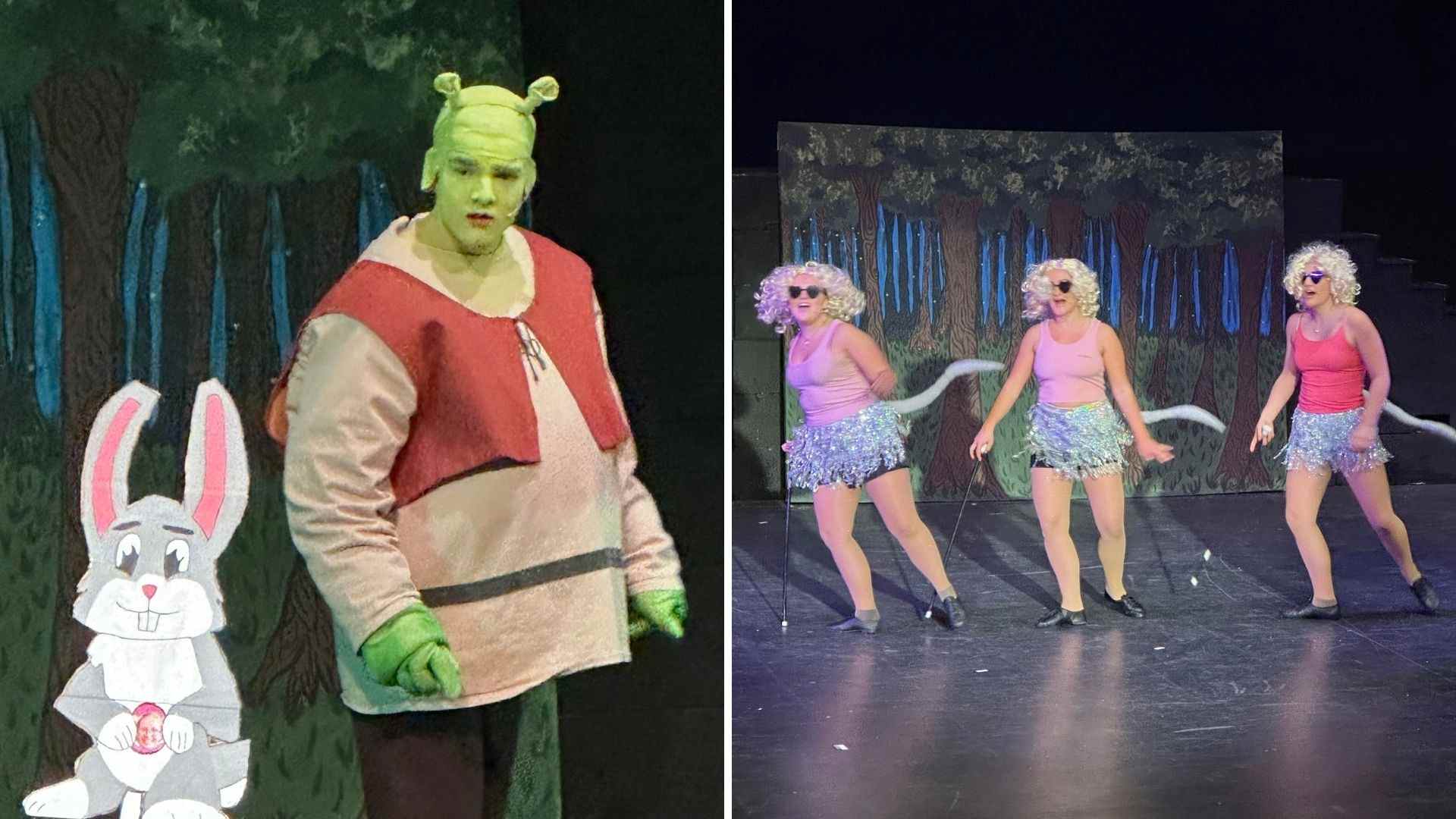 Shrek standing in front of a forest backdrop and the Three Blind Mice dancing