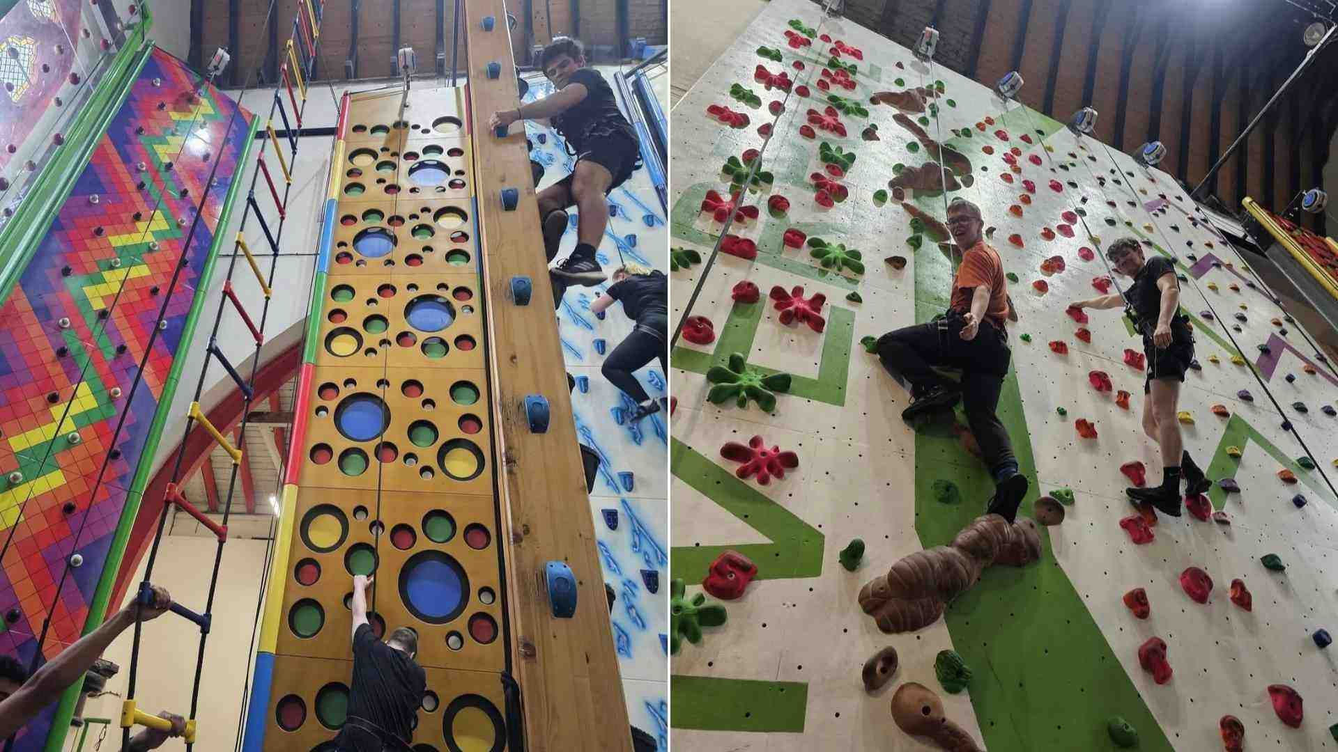 Students tackling fun, themed climbing walls with bright, patterned grips.