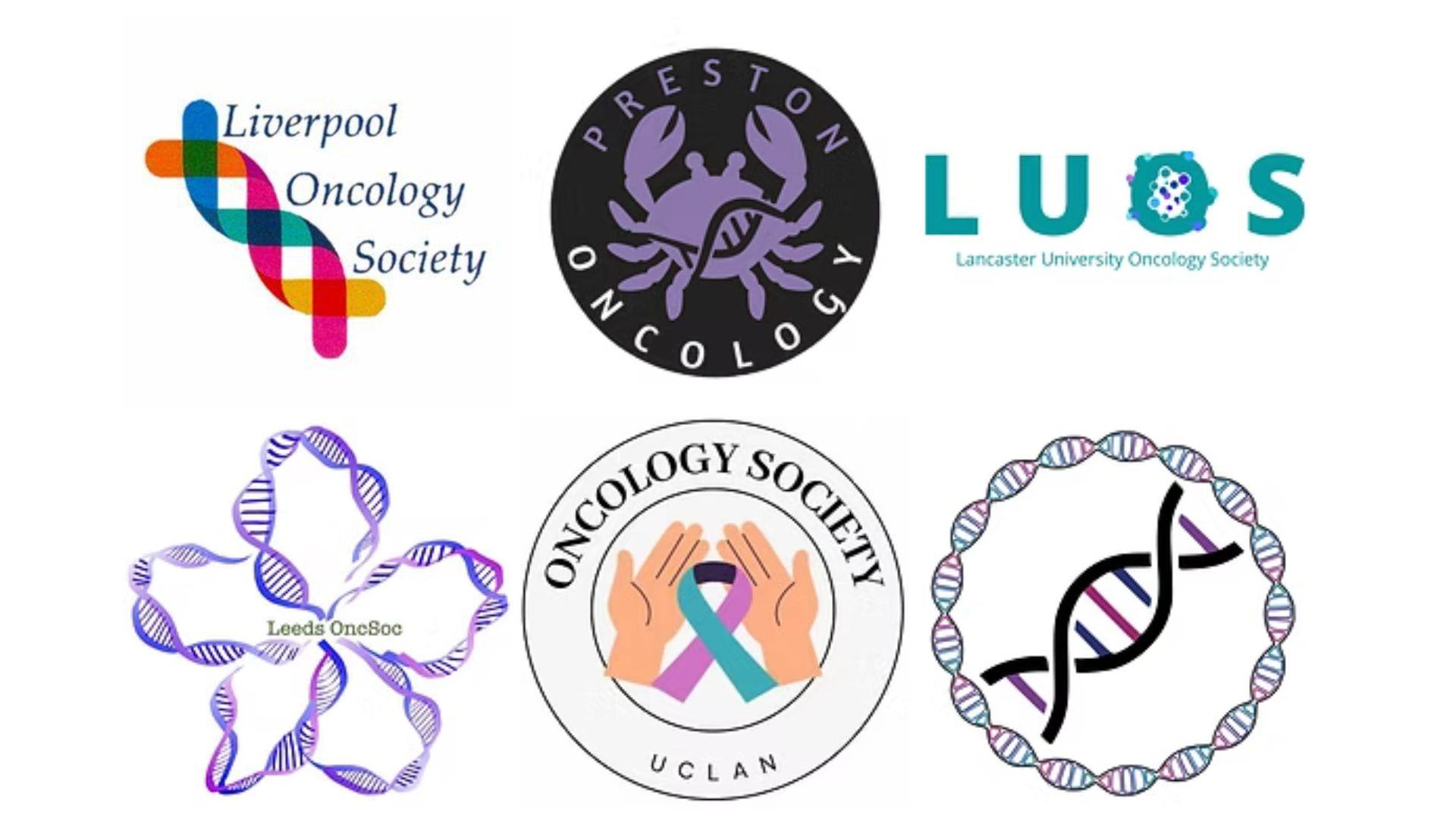 Logos of six university oncology societies from Liverpool, Preston, Lancaster, Leeds, UCLan, and one unnamed, showcasing their collaboration for NUOC 2025.